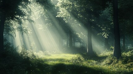 Obraz premium Sunbeams pierce through the dense canopy of a lush forest, illuminating the green undergrowth.