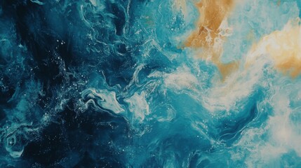 Abstract art inspired by the ocean with swirling blue, white, and gold paint.
