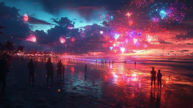 A glowing New Year’s countdown on a neon beach with bioluminescent sand and digital fireworks in the sky Families and friends cheer together as they welcome the new year by the ocean A vibrant 