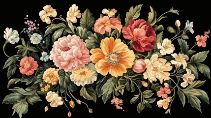 A vibrant arrangement of flowers in shades of pink, yellow, and red, blooming against a black background.