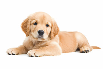 Golden retriever puppy lying down, looking curiously and playfully