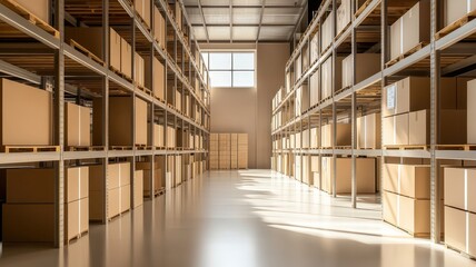 Warehouse scheduling management concept. A spacious warehouse filled with neatly organized boxes on shelves, illuminated by natural light streaming through large windows.