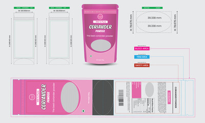 Coriander powder pouch design template, pouch packaging mockup, 100% pure , food and product branding design