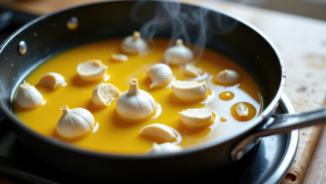 A pan filled with boiling liquid containing herbs and garlic simmers on a stove.