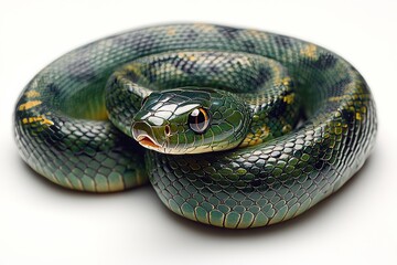 Obraz premium Side view of a green snake coiled in a graceful curve isolated on a white background. Generative AI