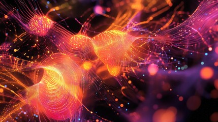 Obraz premium Abstract visualization of colorful, flowing particles and light patterns.