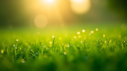 Obraz premium Close-up of Dew-Covered Grass in Morning Sunlight, Fresh and Serene Natural Vibe