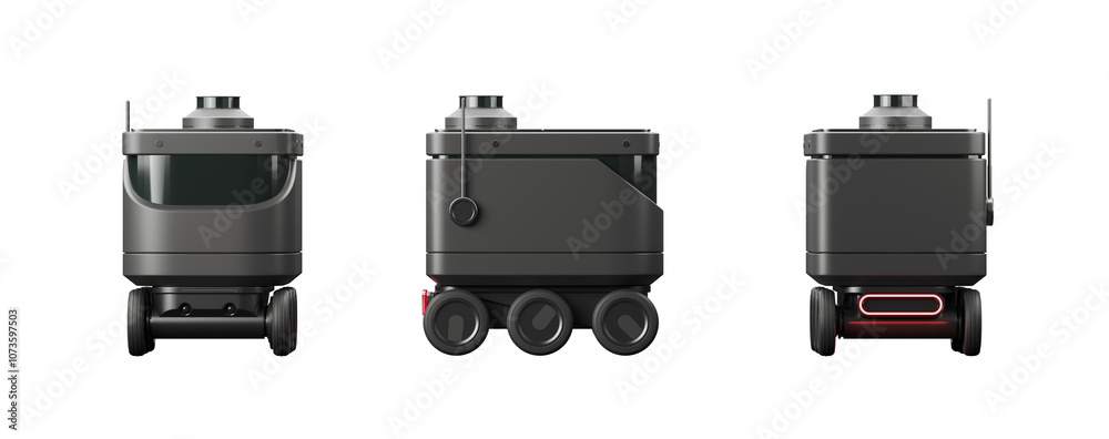 Poster three views of autonomous delivery robots in sleek design, isolated on a white background. concept o
