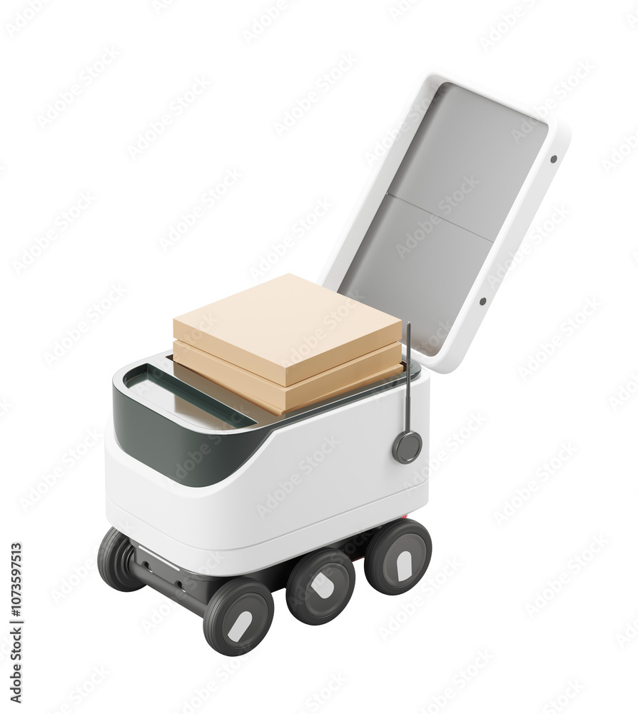 Poster delivery robot with open lid and package, isolated on white background. concept of autonomous delive