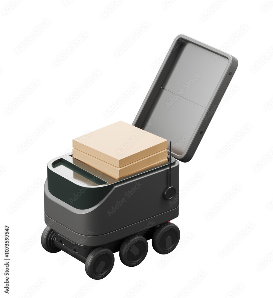Poster a delivery robot with an open lid, revealing a package inside. isolated on a white background. conce