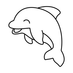 Fototapeta premium Happy Dolphin Vector Illustration. This is a black and white line art illustration of a playful cartoon-style dolphin. The dolphin is depicted leaping with a joyful expression.