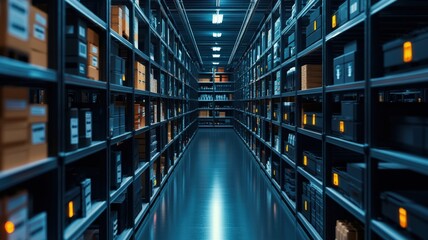 Obraz premium Warehouse scheduling management concept. A dimly lit storage area with shelving filled with boxes, creating a sense of depth and organization in a modern warehouse setting.