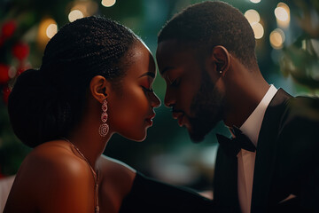 Beautiful african american couple in love having their romantic dinner with candles and red roses