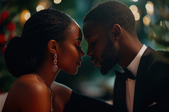 Beautiful african american couple in love having their romantic dinner with candles and red roses - Powered by Adobe
