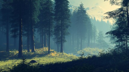 Obraz premium A misty forest with tall trees and a stream running through it.