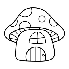 Mushroom House Outline Vector Illustration. This image is a black and white line drawing of a whimsical mushroom-shaped house.