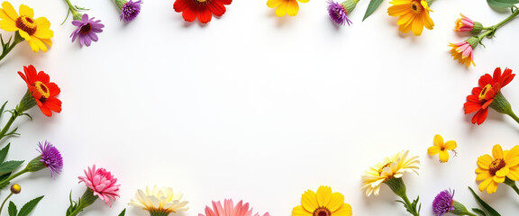 Obraz premium Flat lay with plenty of space for text featuring a vibrant flower border creating a beautiful background.