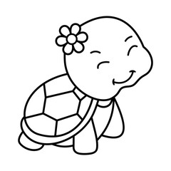 Smiling Turtle with a Flower Outline. The image is a black and white outline drawing of a cheerful turtle. The turtle has a large, smiling head adorned with a flower on the side.