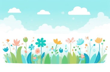 Obraz premium Whimsical floral illustration with colorful flowers, leaves, and clouds against a bright blue sky
