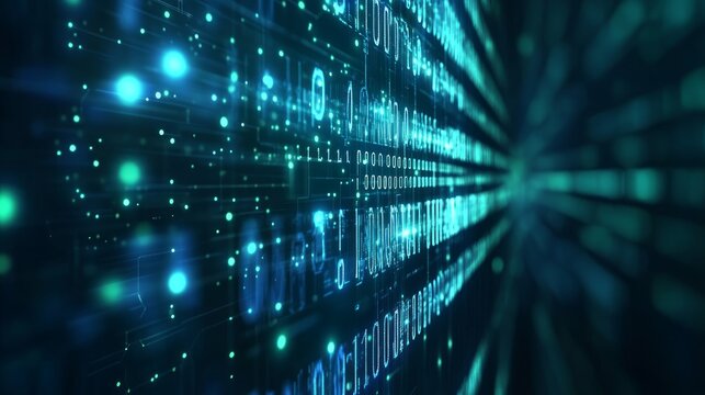 Abstract digital binary code pattern with glowing lights.