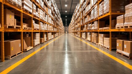 Warehouse scheduling management concept. A well-organized warehouse featuring tall shelves lined with cardboard boxes, showcasing a clean and spacious interior.