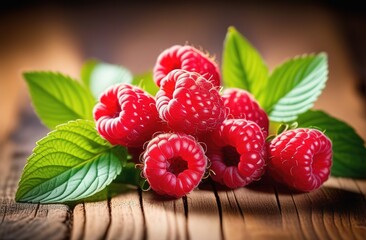 Fresh red raspberries with vibrant green leaves arranged on a rustic wooden surface