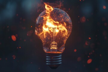 A Light Bulb Engulfed in Flames with Sparks Flying