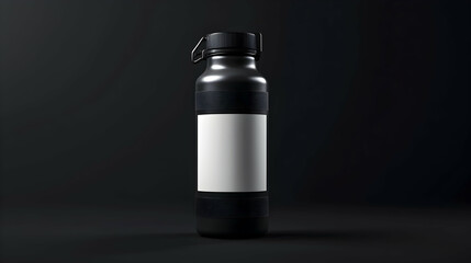 Black stainless steel water bottle with white label and carabiner on a black background.