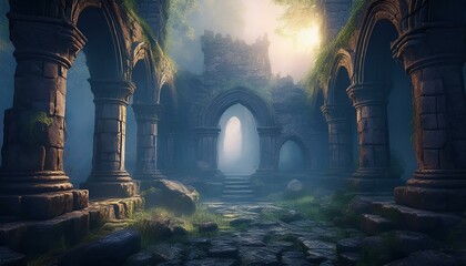 Ancient ruins surrounded by an eerie fog