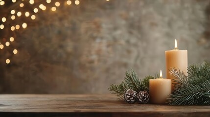Christmas table with holiday decorations, candles, cozy glow, joyful celebration scene, traditional setup