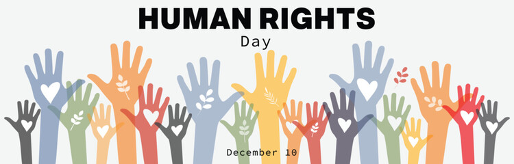 Human Rights Day design. It features several colorful raise up hand. Vector illustration.