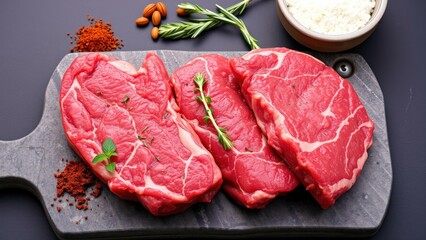 Savor the Flavor: Juicy Raw Steak on Cutting Board with Spices and Herbs, Perfect for Grilling or Pan-Searing