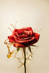 Honey or oil dripping from a bright red rose. Creative aromatherapy concept. Minimal flower aesthetics.