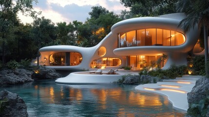 Modern architectural design of a sleek, organic-shaped house by water.