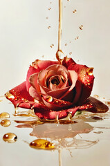 Honey or oil dripping on a bright red rose. Minimal creative flower concept.
