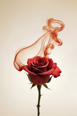 Dark red rose surrounded with red smoke against clean beige background. Romantic and elegant flower concept.