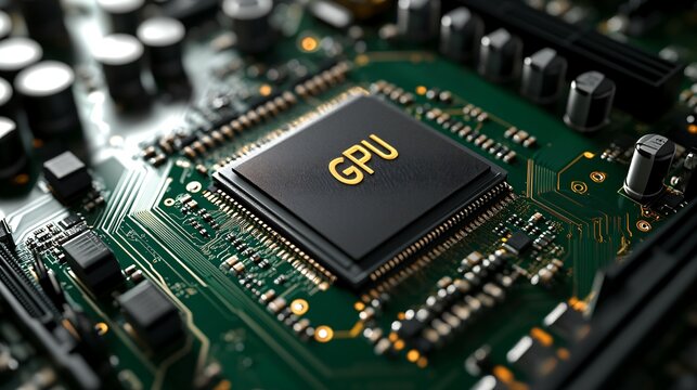 A close-up view of a high-performance GPU (Graphics Processing Unit) chip with intricate circuitry on a green motherboard, showcasing technology used for gaming and computing.