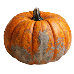 A rustic, weathered pumpkin with patches of discoloration, giving it a character-filled, vintage look that speaks of time and harvest season