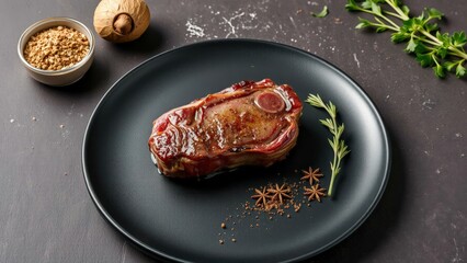 Fototapeta premium Gourmet Delight: Juicy Steak with Spices and Sauce, Perfect for Fine Dining or Special Occasions