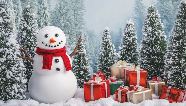 Cheerful snowman with carrot nose and red scarf in a festive setting, creating a joyful Christmas background with ample copy space for personalized messages or greetings.