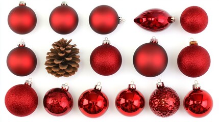 Flat lay of Christmas ornaments, pine cones, and festive decorations arranged on a white background. PNG transparent