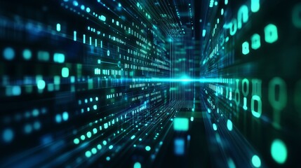Fototapeta premium Abstract digital tunnel with binary code and glowing lights.