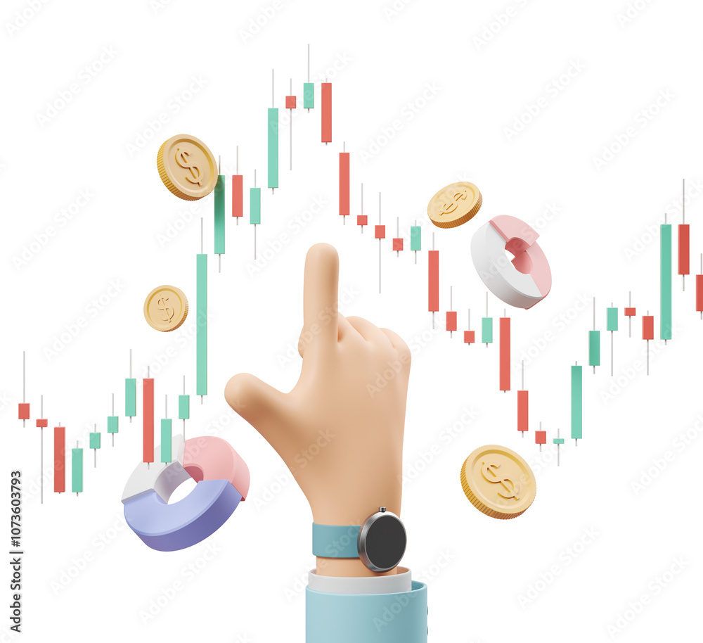 Poster hand pointing at a cryptocurrency chart with floating coins and graphs on a white background. concep