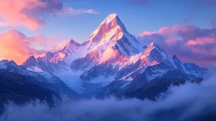 Obraz premium Experience the breathtaking beauty of a snowy mountain range illuminated by sunrise, with vibrant pink clouds enhancing the serene landscape and creating a captivating visual masterpiece.