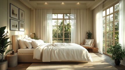 Fototapeta premium Bright and airy bedroom with large windows and natural decor.