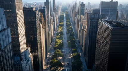Obraz premium Aerial view of Central Park in New York City, with skyscrapers lining the park's edge.