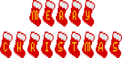Merry Christmas on red socks pixel art vector image for decoration