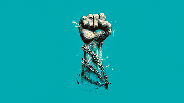 Male fist chains digital illustration on a color background. International Day. Concept for the presentation of the fight for your rights, justice and equality with space for text. Nelson Mandela. - Powered by Adobe