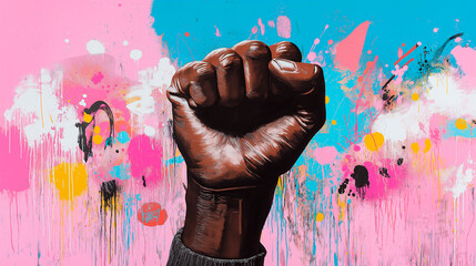 Male fist digital illustration on a color background. International Day. Concept banner for the presentation of the fight for your rights, justice and equality with space for text. Nelson Mandela.