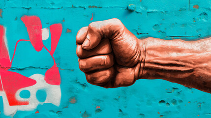 Male fist digital illustration on a color background. International Day. Concept banner for the presentation of the fight for your rights, justice and equality with space for text. Nelson Mandela.